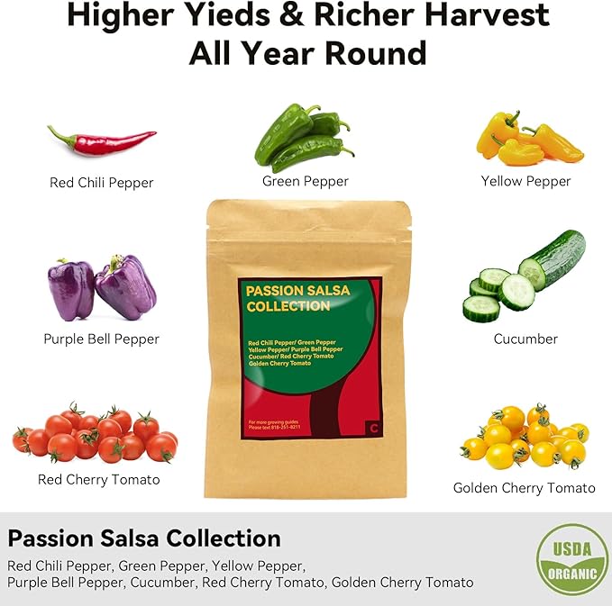 Salsa Garden Seed Pod Kit for AeroGarden, iDoo, Ahopegarden Hydroponic System, 400+ Seeds Includes Red Chili, Green, Yellow, and Purple Bell Pepper, Cucumber, Red/Golden Cherry Tomato (7-Pod)