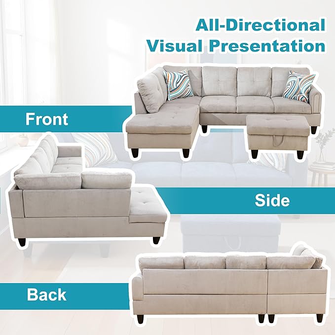 L Shaped Couch Modern Sectional Couch Upholstered Corduroy Fabric 3 Pieces Sofas for Living Room with Chaise, Storage Ottoman for Office and Small Apartment, Grey White