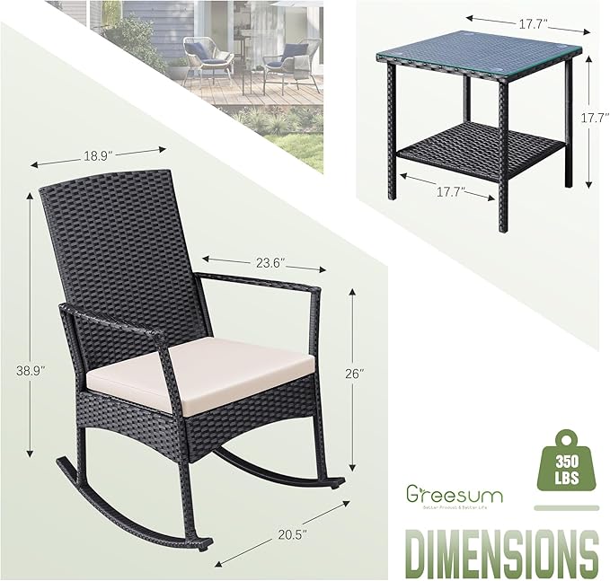Greesum 3 Pieces Patio Furniture Set Outdoor Wicker Rocking Chairs with Glass Coffee Table for Garden Backyard Porch Poolside, Beige