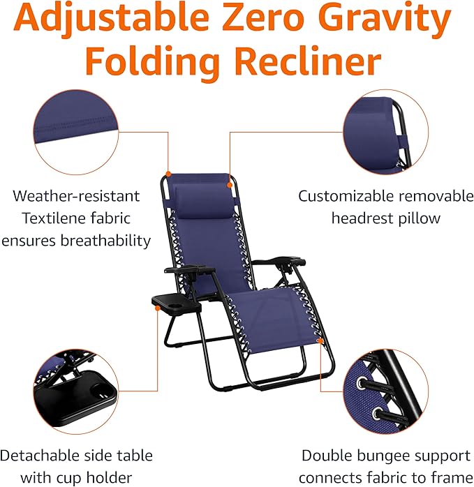 Amazon Basics Outdoor Textilene Adjustable Zero Gravity Folding Reclining Lounge Chair Set with Side Table, pack of 2, Blue