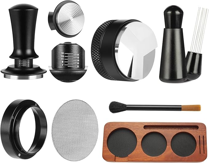 7 PCS Espresso Accessories,Espresso Tamper Tools,WDT Tool Espresso Machine Accessories Kit,Coffee Tamper with Wood Espresso Tamping Station,Distributor,Stirrer,Dosing Funnel,Brush,Puck Screen (58mm)