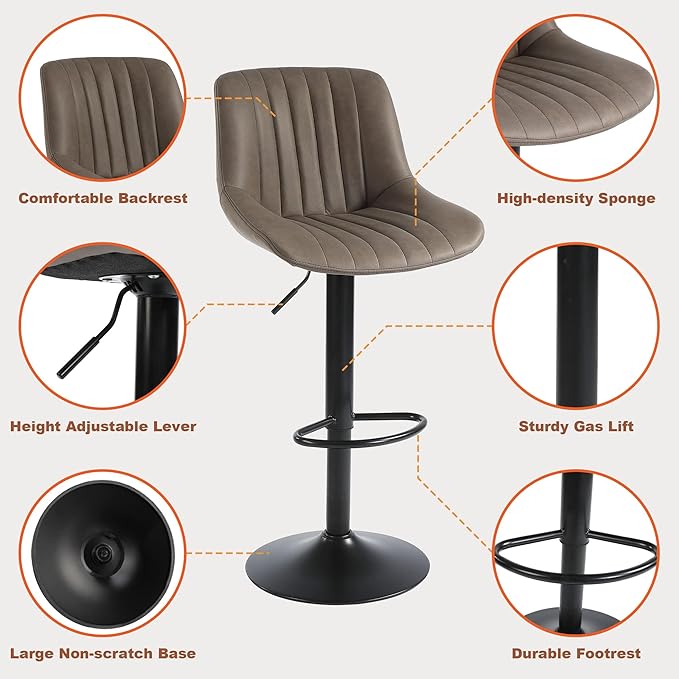 Bar Stools Set of 3, Swivel Counter Height Barstools with Back, Adjustable PU Leather Bar Chairs, Modern Armless Kitchen Island Stool, Brown
