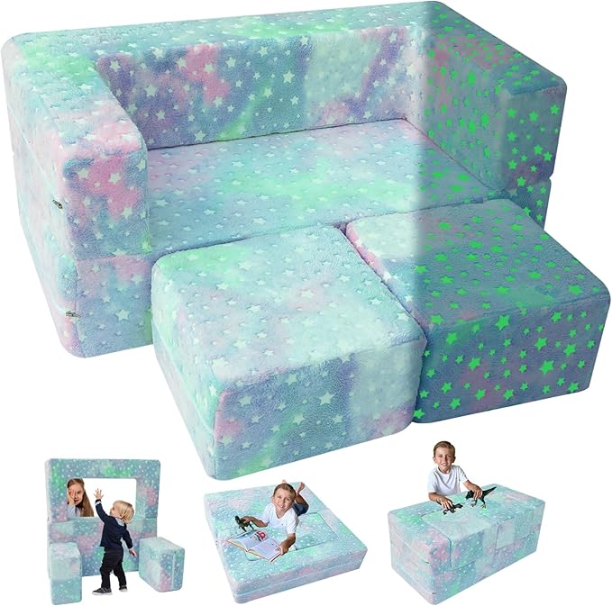 MeMoreCool Kids Play Couch for Playroom, Toddler Glow in Dark Sofa, Modular Bedroom Furniture
