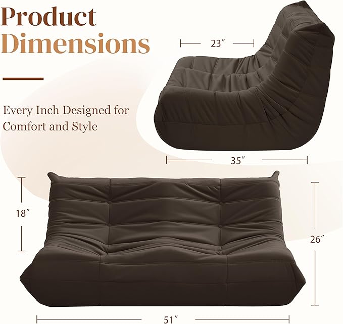 Bean Bag Chair, Loveseat Fireside Chair Bean Bag Sofa for Adults, 2 Seater Bean Bag Chairs for Teens with High-Resilience Foam, Memory Foam Bean Bag for Living Room, Bedroom, Office (Suede, Coffee)