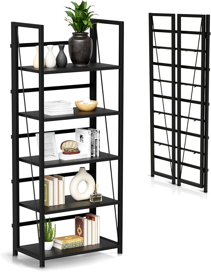 5 Tier Wood Book Shelf Organizer, No Assembly Bookshelf for Bedroom Living Room Office, Rustic Foldable Book Case, Tall Bookshelves, Open Book Shelves, Decorative Folding Shelf Display, Tall Bookcase