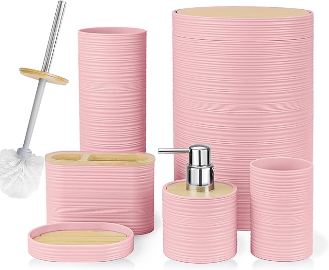CERBIOR Bathroom Accessories Set 6 Piece Bamboo Bath Ensemble Includes Soap Dispenser, Toothbrush Holder, Toothbrush Cup, Soap Dish for Decorative Countertop and Housewarming Gift, Sriral Pink