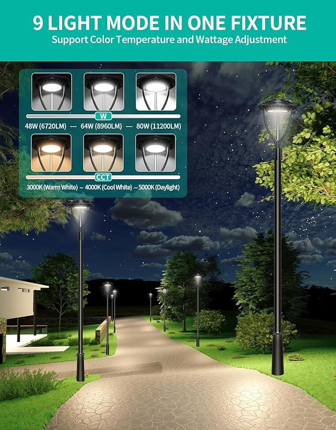 4 Pack LED Post Top Light ETL Listed 80W 64W 48W Adjustable 3CCT Adjustable Outdoor Pole Lights with Photocell IP65 Waterproof Post LED Fixture for Garden Yard Street Lighting