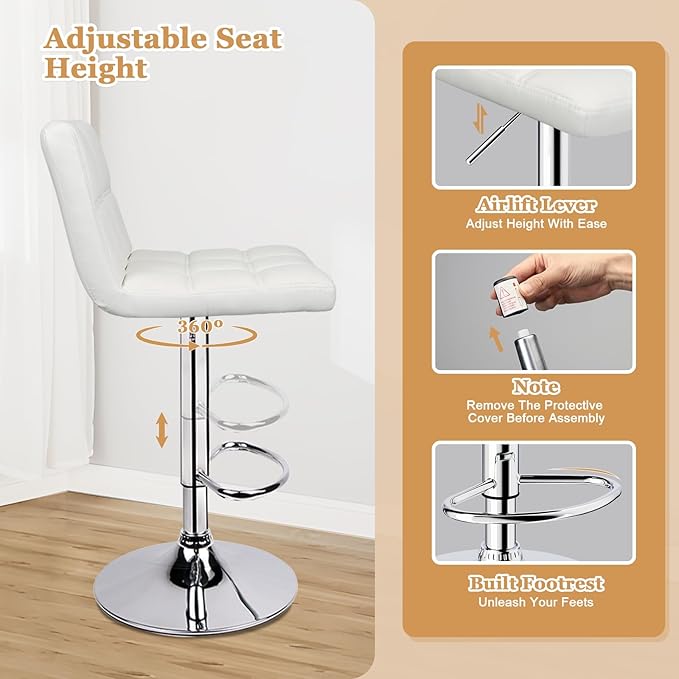 Bar Stools Set of 2,Armless Adjustable Swivel Barstools with Back,6-Squares Double Needle PU Leather Counter Height Bar Stools for Kitchen Island,White