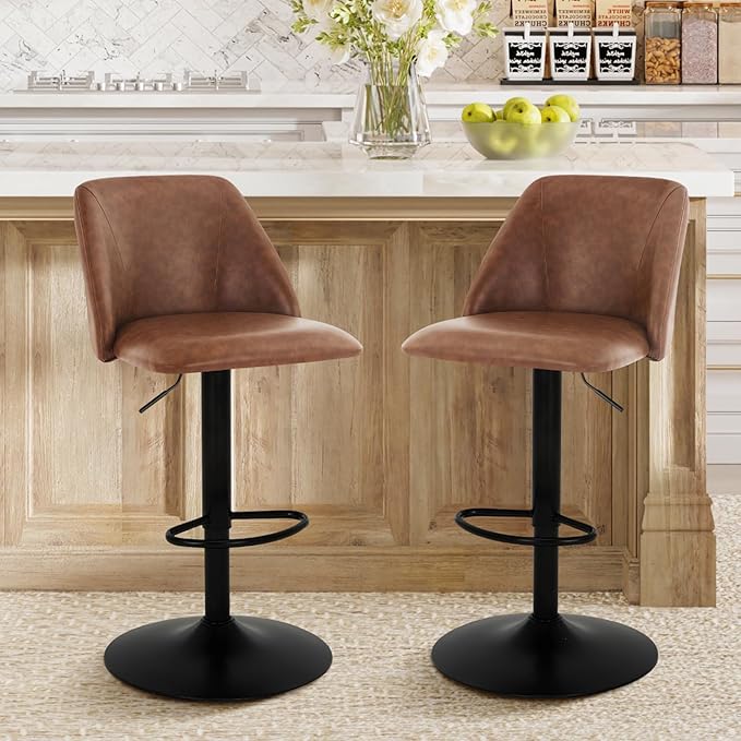 COLAMY Bar Stools Set of 2, Modern Swivel Bar Chairs, Adjustable PU Leather Upholstered Barstools Counter Height with Full Backrest for Bar, Dining Room, Kitchen Island, Brown
