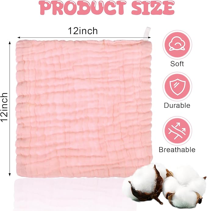 Breling 20 Pcs Baby Muslin Washcloth 12 x 12 Inch 100% Cotton Soft and Absorbent Muslin Washcloth Burp Cloth Wipe Newborn Face Towel for Baby Boy Girl Sensitive Skin(Powder Pink, White, Pink)