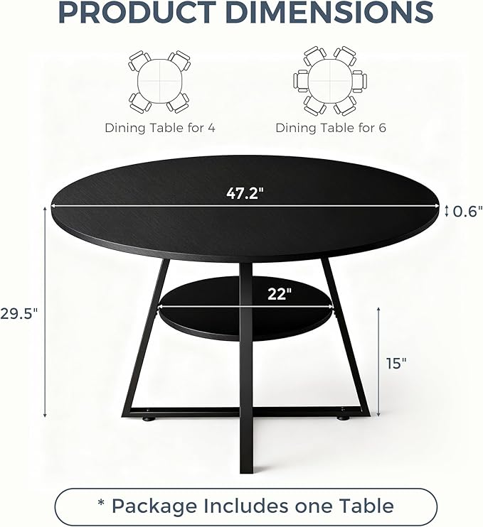 47" Round Dining Table for 4, Kitchen Dining Table with Storage, Wood Circle Dinner Table, Space Saving Dining Room Furniture for Kitchen, Living Room