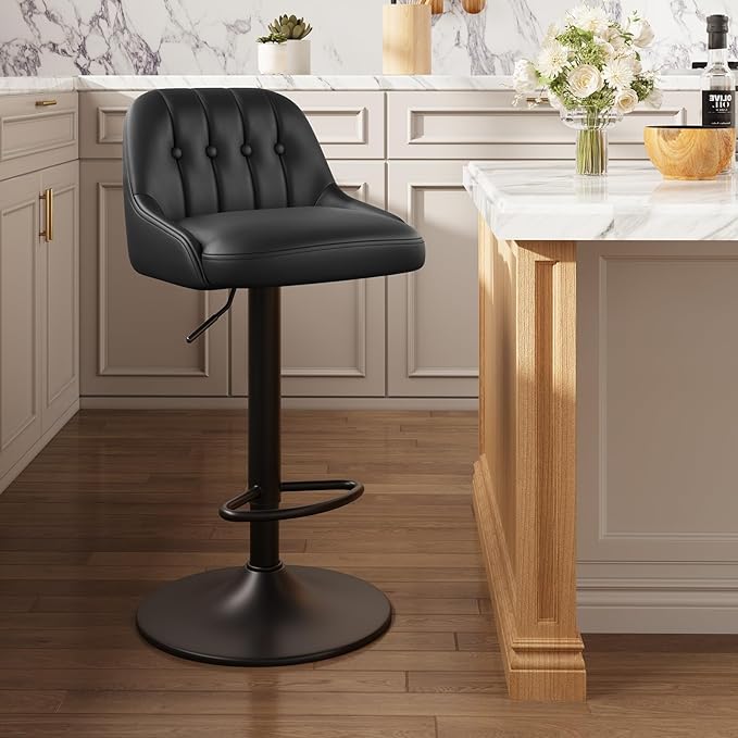 Bar Stools Set of 1, Swivel Bar Chairs, Modern Adjustable PU Leather Upholstered Barstools Counter Height with Tufted Back for Bar, Kitchen Counter Island, Dining Room, Black