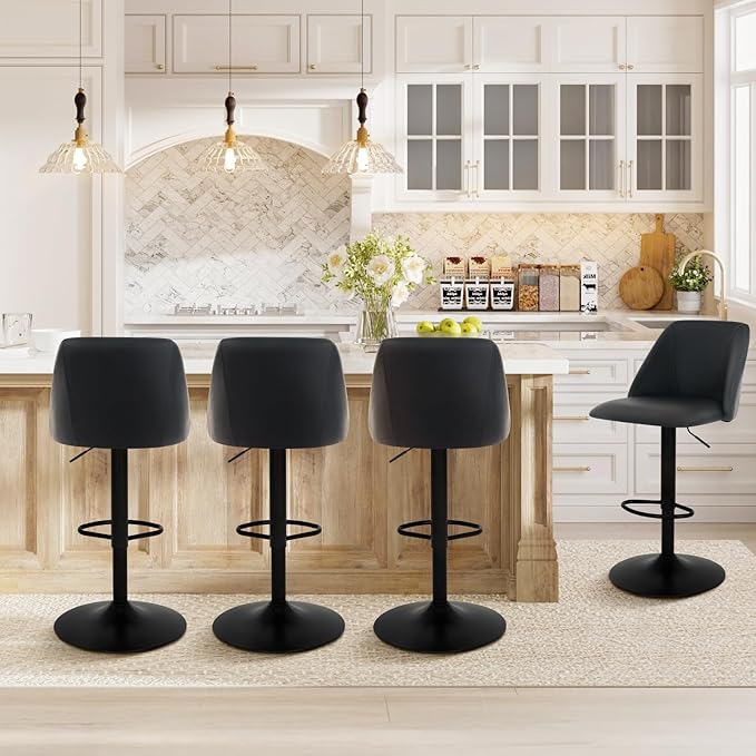 COLAMY Bar Stools Set of 6, Modern Swivel Bar Chairs, Adjustable PU Leather Upholstered Barstools Counter Height with Full Backrest for Bar, Dining Room, Kitchen Island, Black