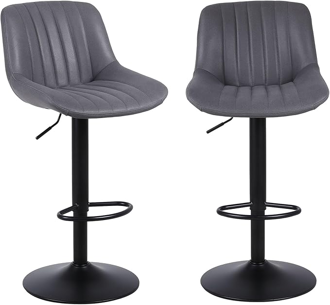 Bar Stools Set of 2, Swivel Counter Height Barstools with Back, Adjustable PU Leather Bar Chairs, Modern Armless Kitchen Island Stool, Dark Grey