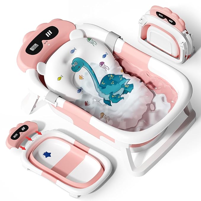 AVIDOR Baby Bathtub,Collapsible Bathtub for Newborn to Toddler,Durable Essential Infant Bath Tub,Portable Travel Baby Tub with Soft Bath Net,No-Slip Feet and Dinosaur Shaped (Pink)