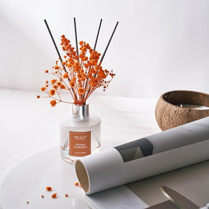 Airkeep Reed Diffuser Set,6.76 fl oz (200 ml) - Coconut & Pineapple Oil Diffusers with 8 Reed Sticks, Home Fragrance Reed Diffuser for Bathroom Shelf Decor
