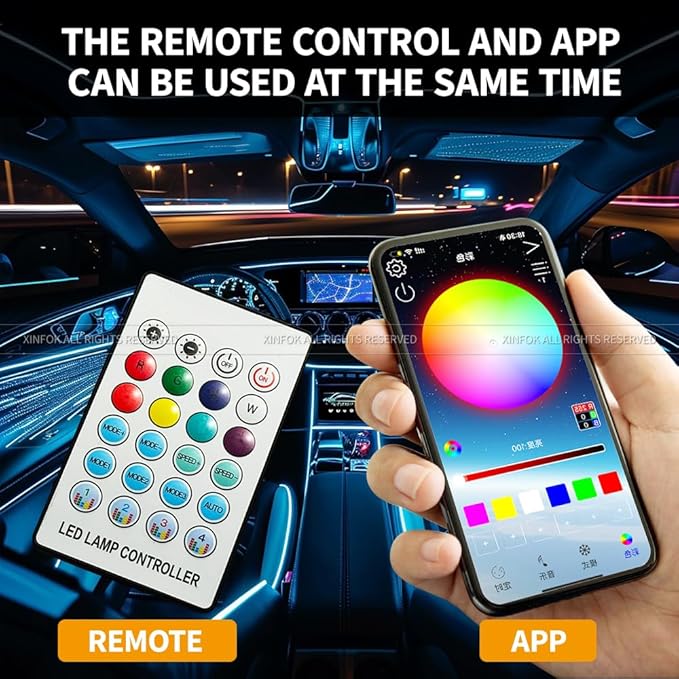 Ambient Lighting Car led Lights Interior, 43.3'' USB Powered Acrylic Neon Flexible Strip Model y Ambient Lighting kit with Remote APP,Dynamic RGB 2 in 1 Music Lights Sync for Inside car Decorations