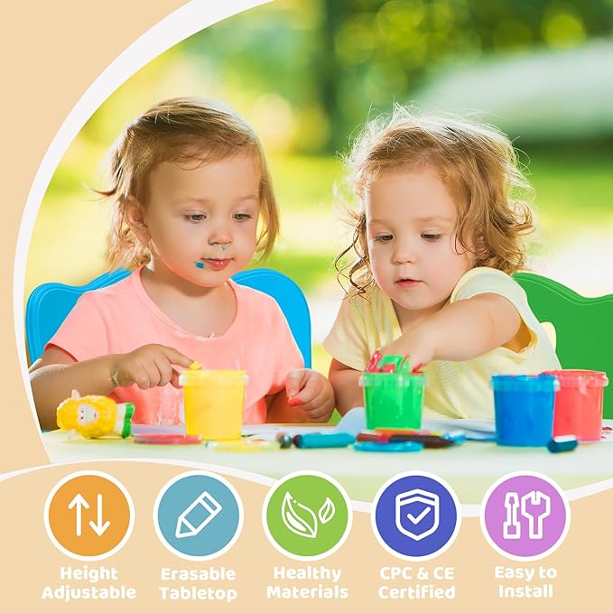 FUNLIO Kids Table and 4 Chairs Set for Ages 3-8, Height Adjustable Toddler Table and Chair Set, Easy to Wipe Arts & Crafts Table, for Classrooms/Daycares/Homes, CPC & CE Approved(5 pcs Set)-Multicolor
