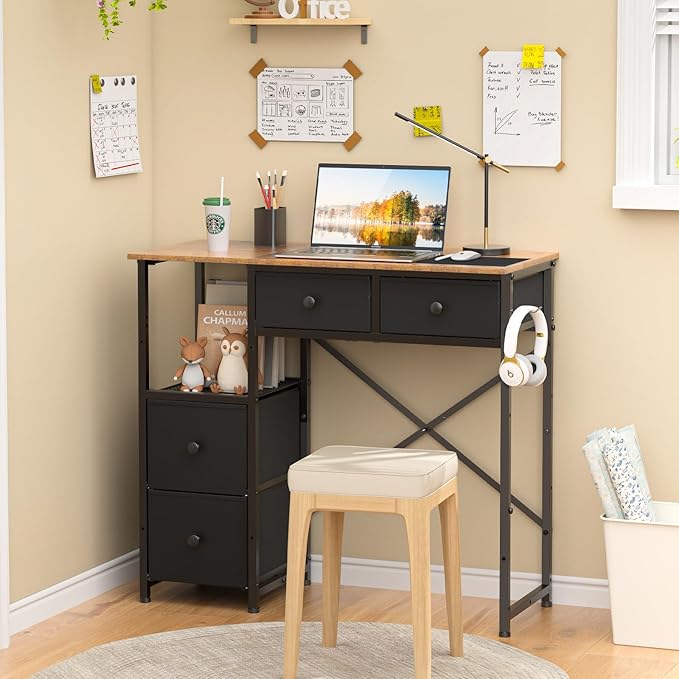 Small Computer Desk with 4 Fabric Drawers, Simple Writing Desk for Home Office, Compact Study Desks for Small Spaces, Kids Desk Study for Bedroom, Rustic Brown