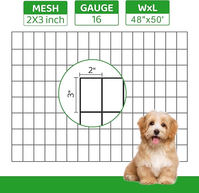 PVC Coated Welded Wire Mesh Fence Roll - 2x3 Inch Mesh, 16 Gauge, Black - for Garden Fence, Pet Cage, Animal Barrier, Farm and Poultry Enclosure (48''×50‘)