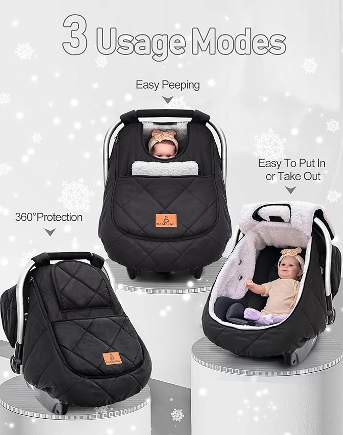 beatoutou Winter Baby Car Seat Cover, Beatoutou Waterproof Winter Infant Carseat Canopy for Boys Girls, Cold Weather Warm Car Seat Covers for Babies, Keeps Babies Warm and Cozy (Black)