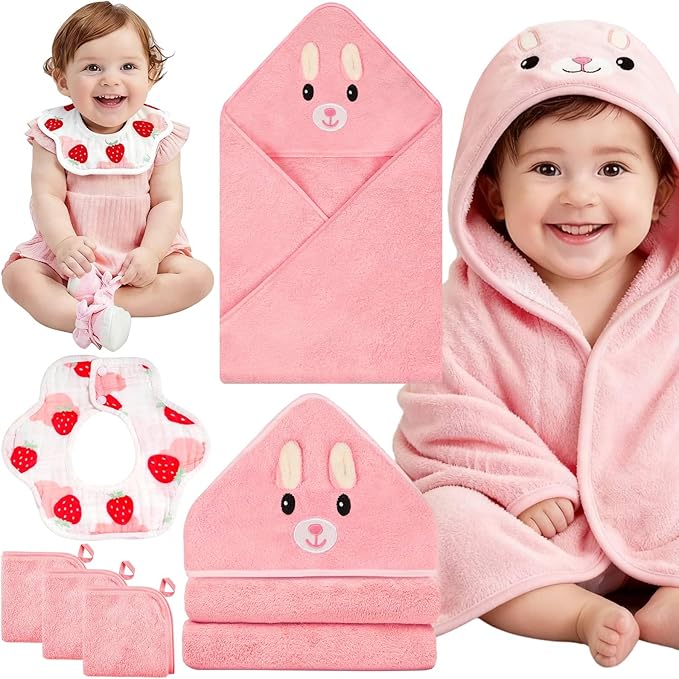 Sublaga 5 Pcs Baby Towels Set, 32x32 in Hooded Bath Towel, 3 Pcs Baby Washcloths and Muslin Baby Bibs for Newborns, Toddlers, and Kids, Baby Towels and Washcloths Set for Boys and Girls (Pink Rabbit)