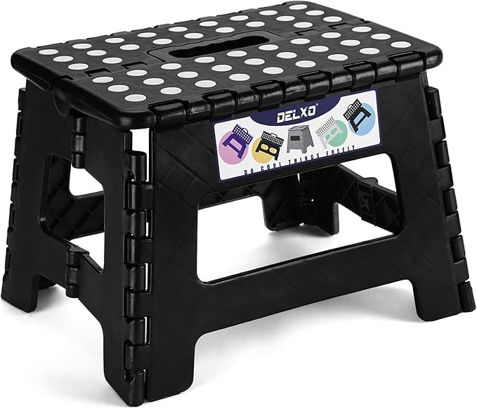 Delxo 9 Inch Folding Step Stool, Black Step Stools for Kids Foldable,Portable Collapsible Step Stool with Handle, Folding Stool for Kitchen Bathroom,Bedroom,Garden