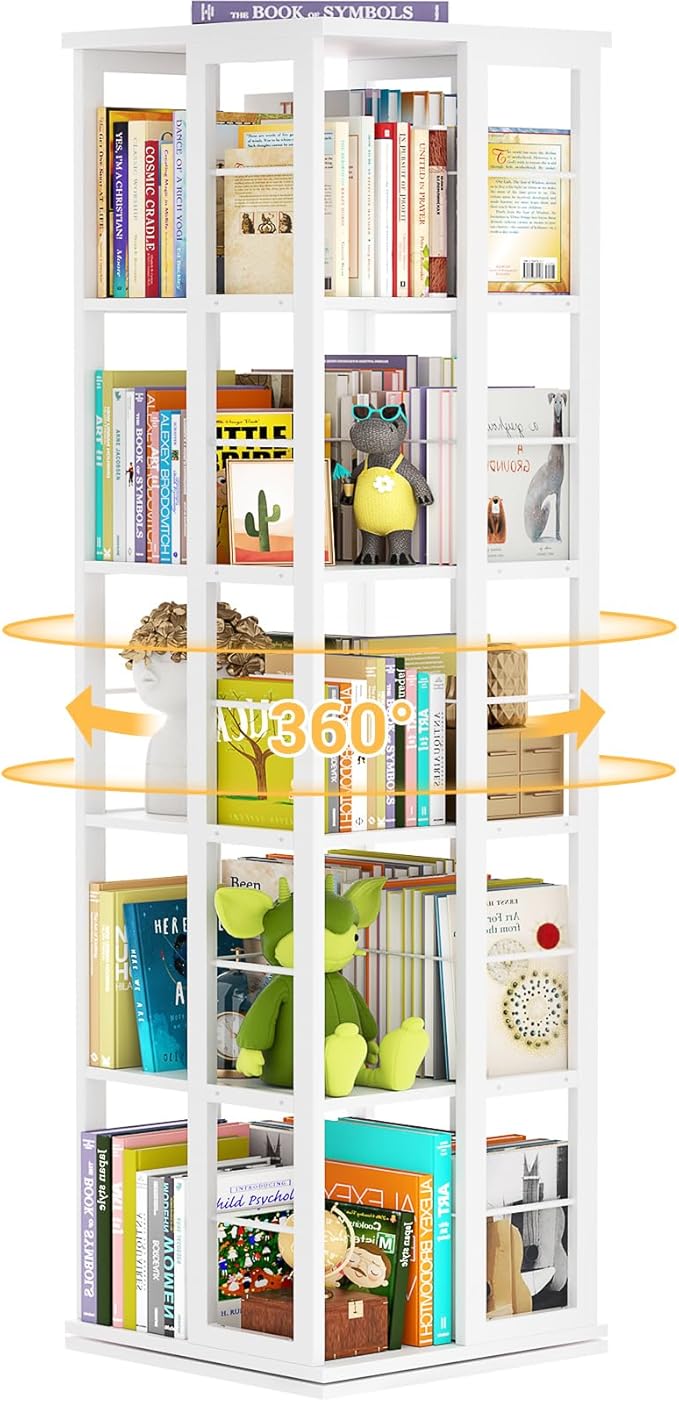Aheaplus Rotating Bookshelf, Corner Bookcase, 360 Display Wood Spinning Bookshelves, Floor Standing Bookcases Narrow Shelf, 5 Tiers, White