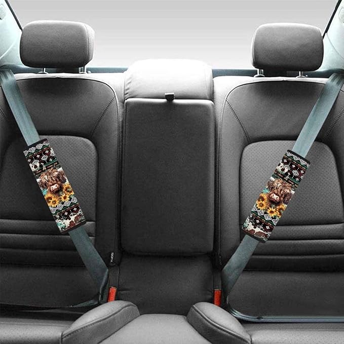 UNICEU Southwestern Tribal Aztec Highland Cow Car Seat Belt Covers for Women Men, Soft Shoulder Seatbelt Pads Cover Comfortable Seat Belt Pads Universal Fit,Highland Cow Car Accessory