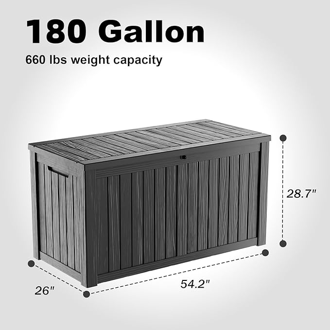 ROJIK 180 Gallon Outdoor Storage Box Waterproof-Patio Furniture Resin Deck Box, Garden Tools, Cushions, Pool Accessories Storage Bench with Lockable Lid and Side Handles (Black, 180 Gal)