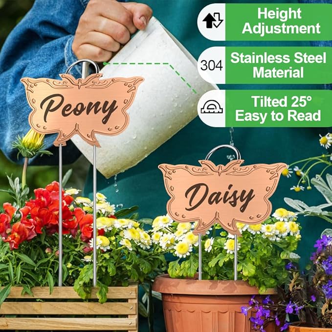 Metal Plant Labels, Tall Outdoor Butterfly Garden Markers for Flowers, Fruits and Vegetables, 304 Stainless Steel Weatherproof Signs (25 Packs, 4" x 2.3", Gold Butterfly Design)