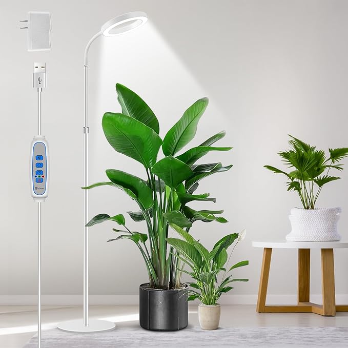 Aumtrly Floor Grow Lights for Indoor Plants, Full Spectrum Plant Light with 68" Stand for Growing Large Tall Plants, White Halo Grow Lamp with 6/12/16H Timer, 3 Light Modes, 5 Dimming