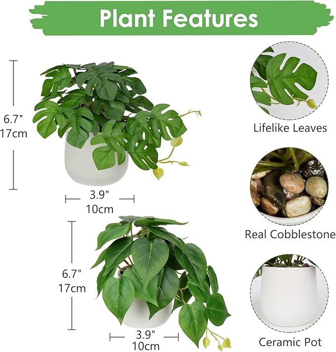 Fake Plants Set of 2 Artificial Plants Faux Pothos with White Ceramic Pots Fake Potted Plants Artificial Decor for Home Bathroom Shelf Desk Indoor