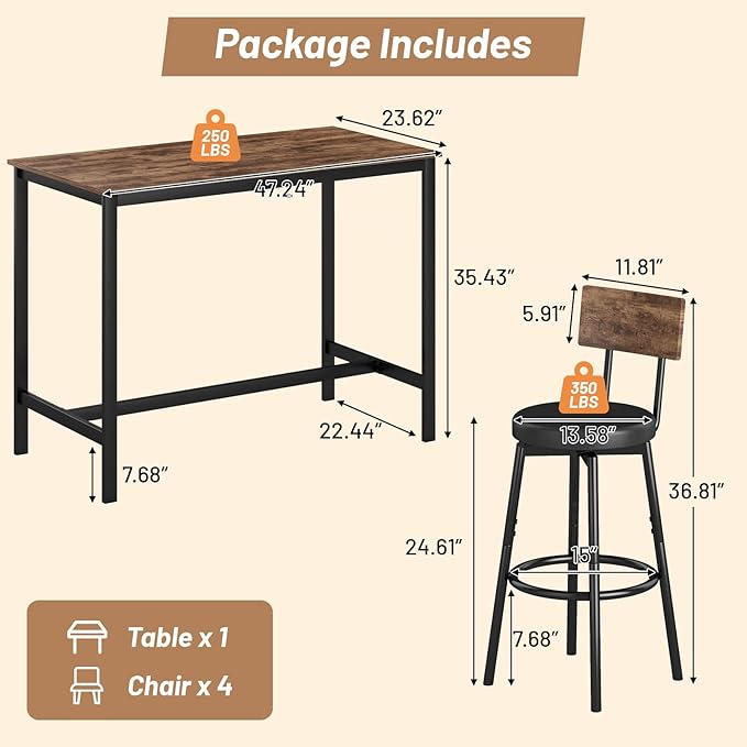 Dining Table Set for 4, 5-Piece Bar Table Set, Kitchen Table and Chairs, Counter Height High Top Table with 4 PU Upholstered Stools, Space-Saving Pub Table Sets for Small Space, Brown