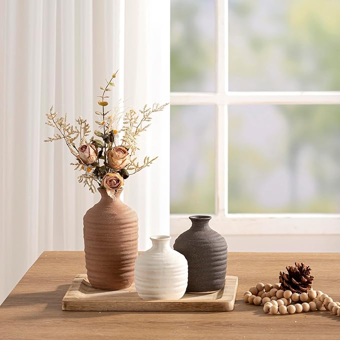 Ceramic Vase Set of 3 Decorative Vase for Home Decor Modern Farmhouse Decor Pottery Neutral Vases for Living Room Bathroom Table Mantel Fireplace Entryway Shelf (02-Brown)