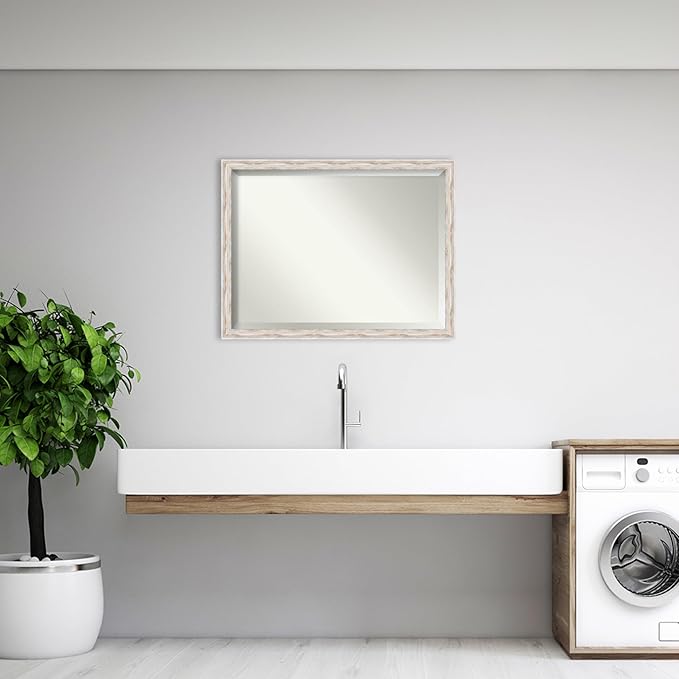 Amanti Art White Bathroom Mirror for Over Sink, 33x43 Alexandria White Wash Narrow Rectangle Vanity Mirror, X-Large Cottage Wood Frame, Hangs Horizonally and Vertically, Bathroom Wall Decor, Beveled