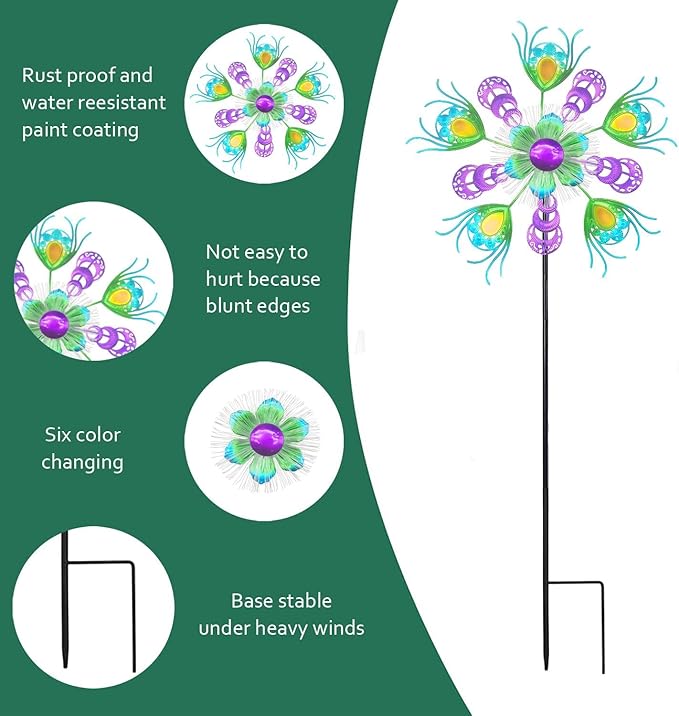 Solar Peacock Wind Spinners for Yard and Garden, 40 Inch Solar Windmill Garden Whirligig Kinetic Spinners Decor for Lawn,Patio&Yard, Metal Whirligigs Green Wind Spinners Outdoor