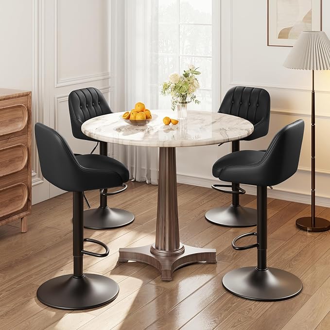 Bar Stools Set of 4, Swivel Bar Chairs, Modern Adjustable PU Leather Upholstered Barstools Counter Height with Tufted Back for Bar, Kitchen Counter Island, Dining Room, Black