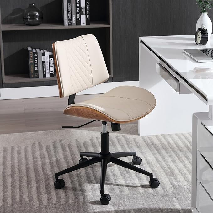 Home Office Chair No Arms with Wheels, Adjustable Height Small Desk Chair, PU Leather Mid Back 360 Swivel Computer Chair, Armless Modern Walnut Chair for Office, Reading Meeting Room(Beige)