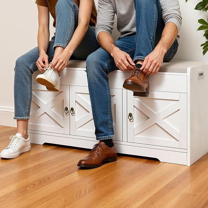 Farmhouse Shoe Storage Bench with Cushion Seat, 3-Tier Entryway Bench with Lift Top Storage and Adjustable Shelf, Bench for Hallway, Bedroom, White