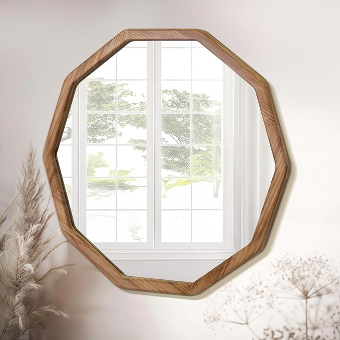 ULIKE Wood Mirror for Wall, 30 Inch Rustic Farmhouse Mirror with Wood Frame, Decorative Wall Mounted Vanity Mirrors for Bathroom Bedroom Living Room Entryway, Brown