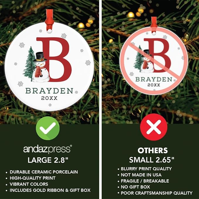 Andaz Press Personalized Christmas Ornament, Custom Name, Initial B Monogram Snowman 2.8" Ceramic Porcelain 2025 Christmas Ornament Keepsake for Kids, Boys, Girls, 1-Pack Initial Ornaments