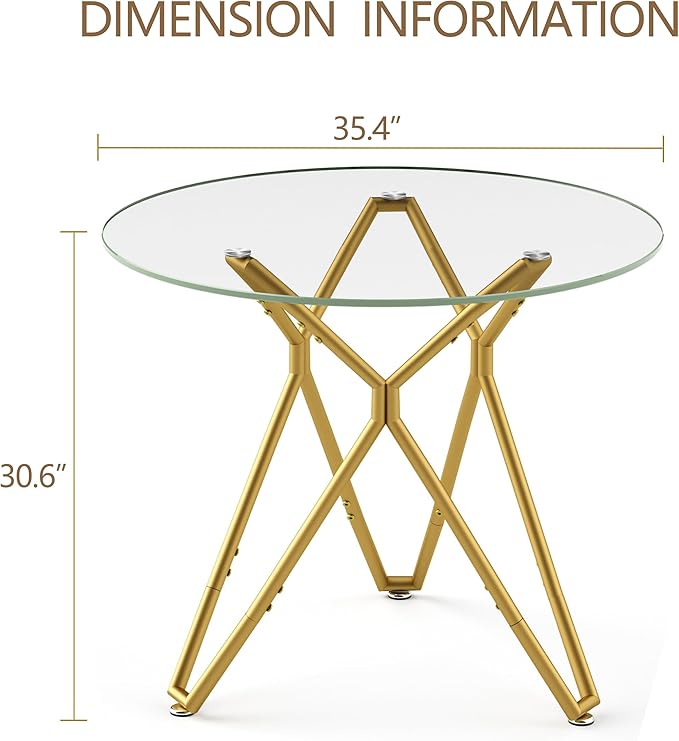 35.4" Round Dining Table for 4, Modern Clear Glass Kitchen Table for 4 with Gold Metal Legs, Compact Small Circle Dining Room Leisure Tables for Kitchen Apartment