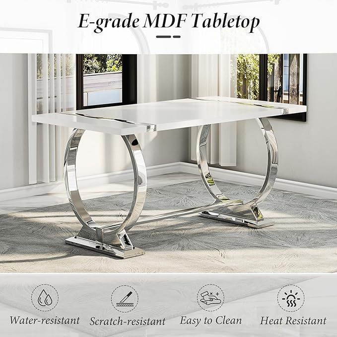 Asday White and Silver Rectangle Dining Table for 4-6, 60 inch Luxury Modern Dining Room Table with MDF Tabletop and Mirrored Chrome U-Shaped Base for Living Room, Kitchen, Apartment