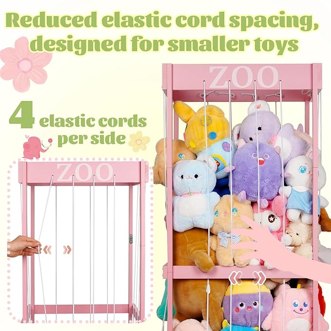 Trycooling Stuffed Animal Zoo Stuffed Animal Storage Wood Plushie Storage Stuffed Animals Zoo Storage Cage with Zoo Pattern Elastic Band for Nursery Play Room Bedroom (Pink)