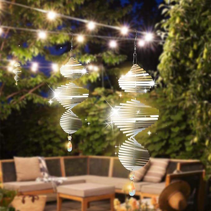 Wind Spinners Outdoor – Colorful Garden Wind Spinners & Yard Decorations, Outside Wind Chimes for Garden Decor, Birthday Gifts for Women (Helicoid-Silver, 7.8 inch)