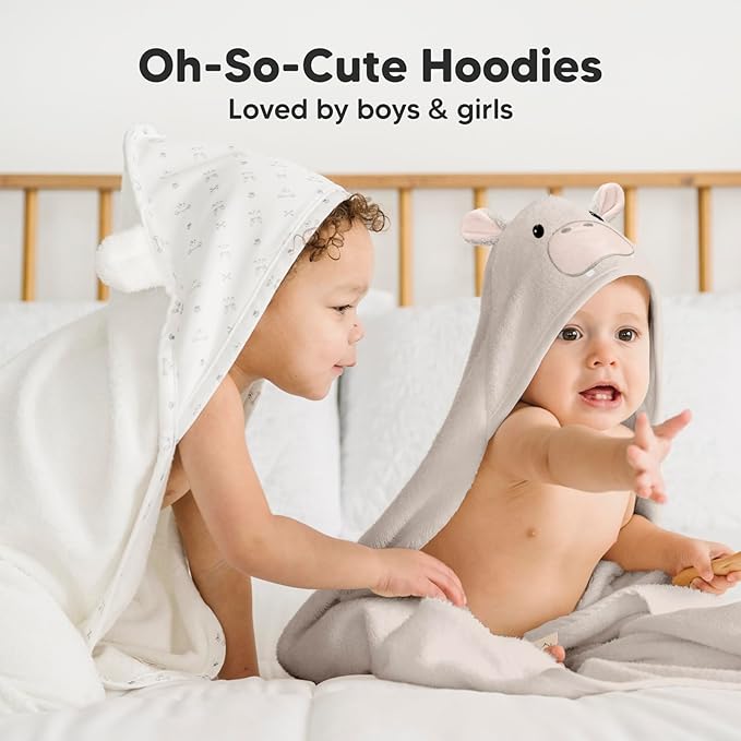 KeaBabies Hooded Baby Towel for Newborn - Viscose Derived from Bamboo Large Baby Bath Towels with Hood for Boys, Girls, Toddler, Extra Absorbent & Soft Newborn Bath Essentials (Hippo, Regular)