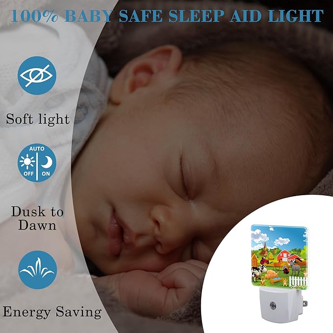 Night Light for Kids Girls Boys, Cartoon Farm Animals Rural Scene LED Night Light Plug into Wall with Dusk to Dawn Sensor for Room Decor, Hallway, Kitchen, Bathroom, Nursery, Stairs