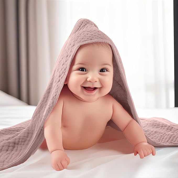 VitalCozy 12 Pcs Baby Muslin Hooded Bath Towels and Washcloths Muslin Cotton Hooded Baby Towels Absorbent Blankets for Gift Newborn Infant Shower (32 x 32 Inch,Girl Style)