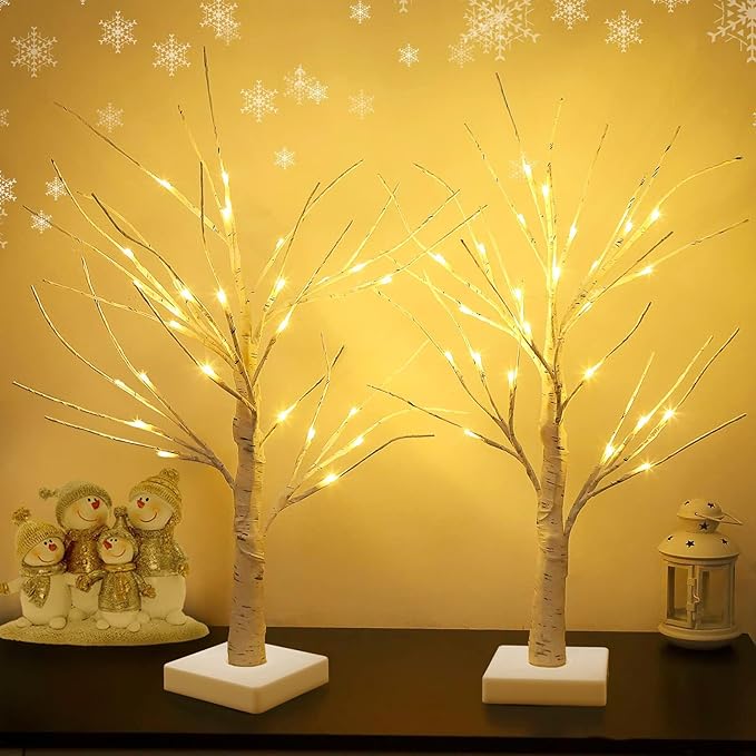 Set of 2 Warm White Birch Tree Light with Battery or USB Powered 24 LED Fairy Light Spirit Tree Tabletop Twinkling Tree Light Decor for Home Party Bedroom Wedding Thanksgiving Christmas Decoration